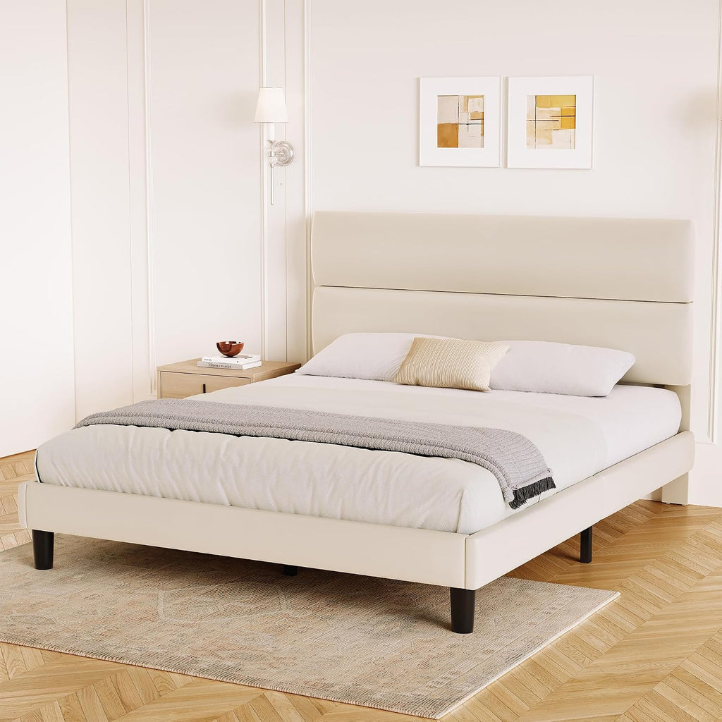 Queen Size Platform Bed Frame with Velvet Headboard, Adjustable Height Wooden Slats Support, Upholstered Mattress Foundation, Fits Mattress or Mattress with Box Spring, Easy Assembly, Beige