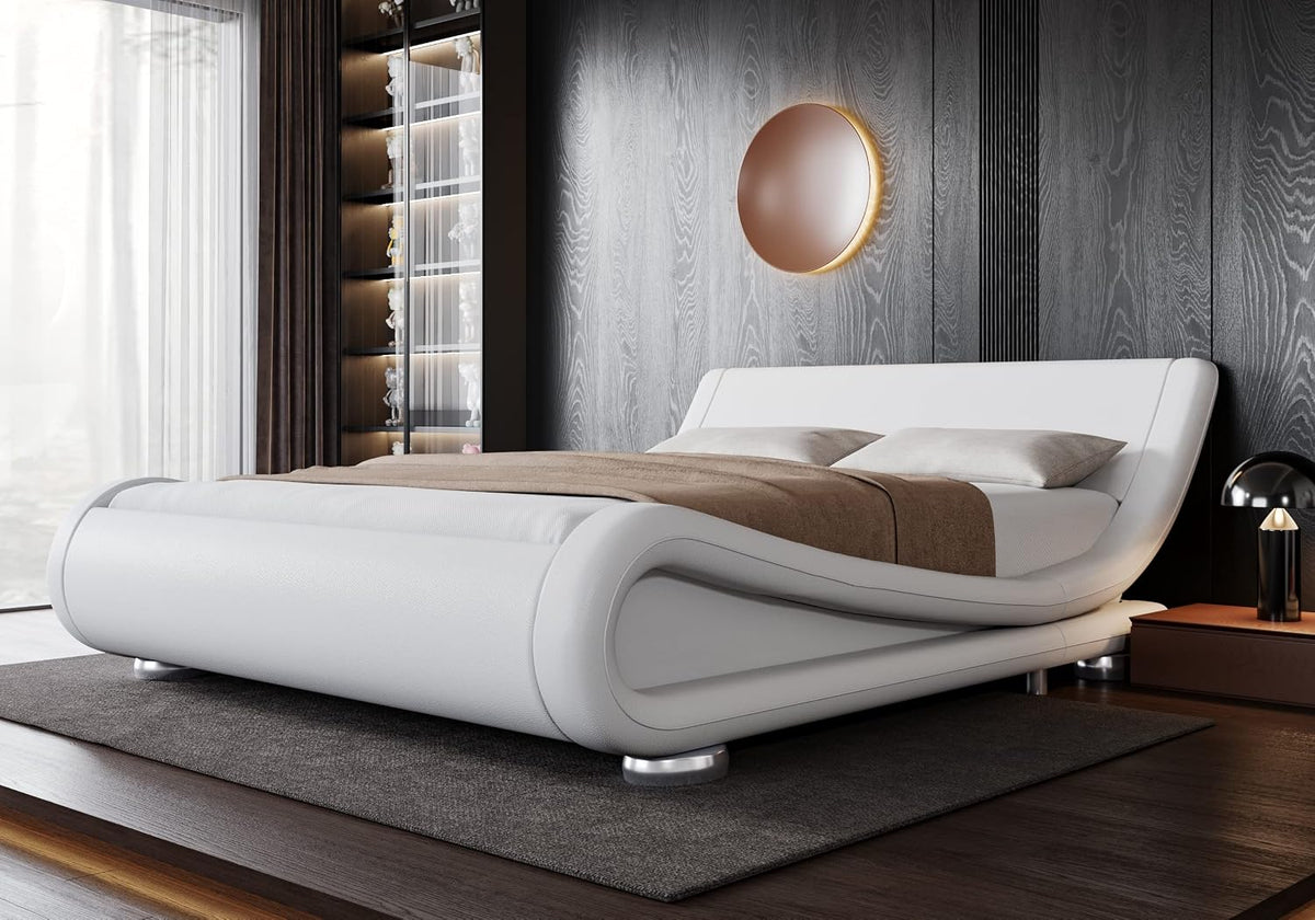 King Upholstered Sleigh Bed Frame with Adjustable Headboard, White