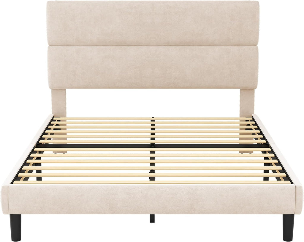 Queen Size Platform Bed Frame with Velvet Headboard, Adjustable Height Wooden Slats Support, Upholstered Mattress Foundation, Fits Mattress or Mattress with Box Spring, Easy Assembly, Beige