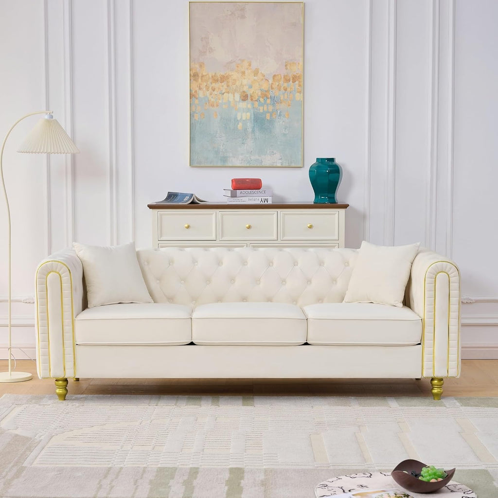Velvet Chesterfield Button Tufted Sofa Set, 2 Pcs Modern 3 Seater Couch with Golden Legs & High-Density Cushion, Upholstered Comfy Sofa with Pillows for Living Room, Beige