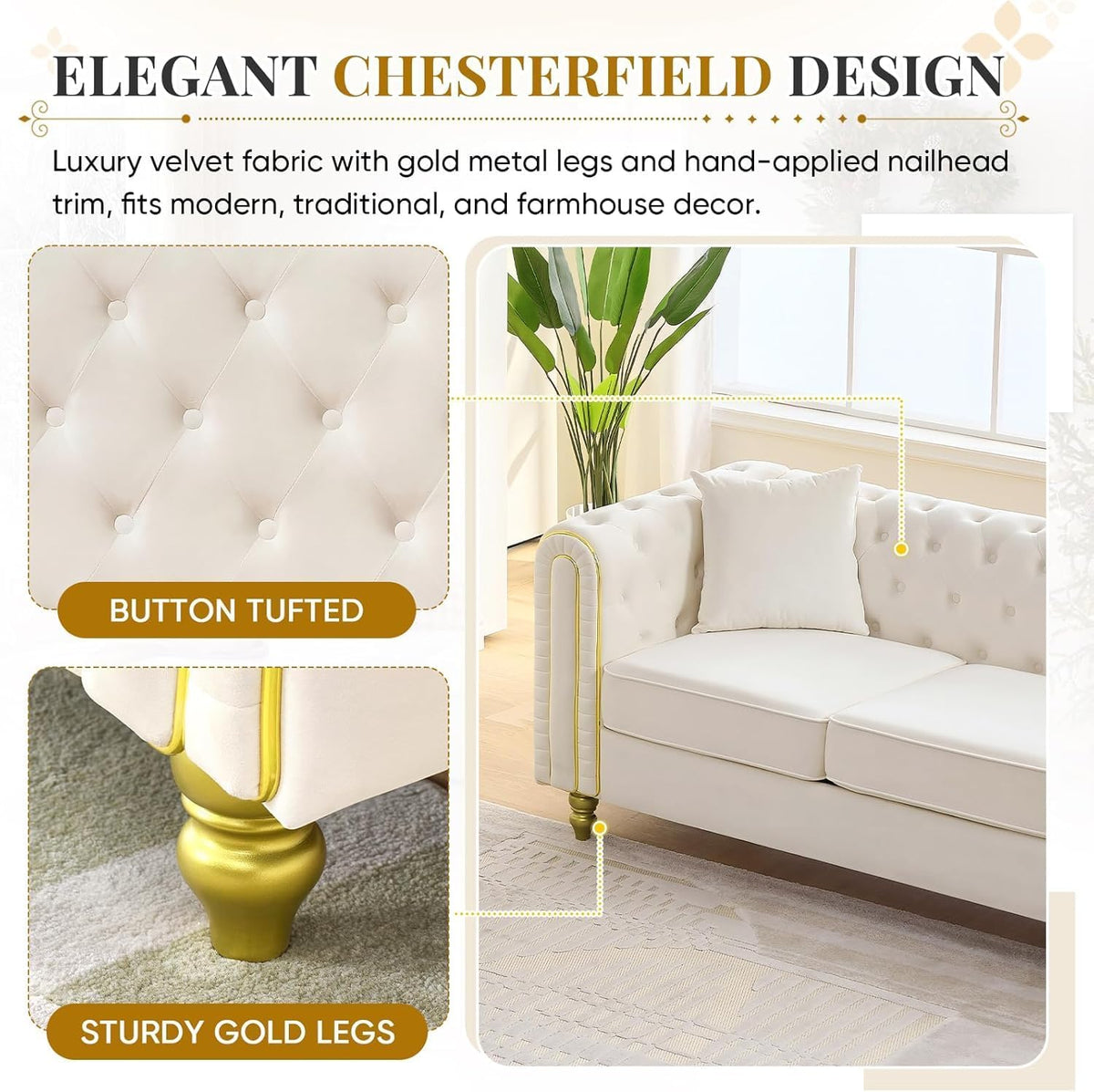 Velvet Chesterfield Button Tufted Sofa Set, 2 Pcs Modern 3 Seater Couch with Golden Legs & High-Density Cushion, Upholstered Comfy Sofa with Pillows for Living Room, Beige