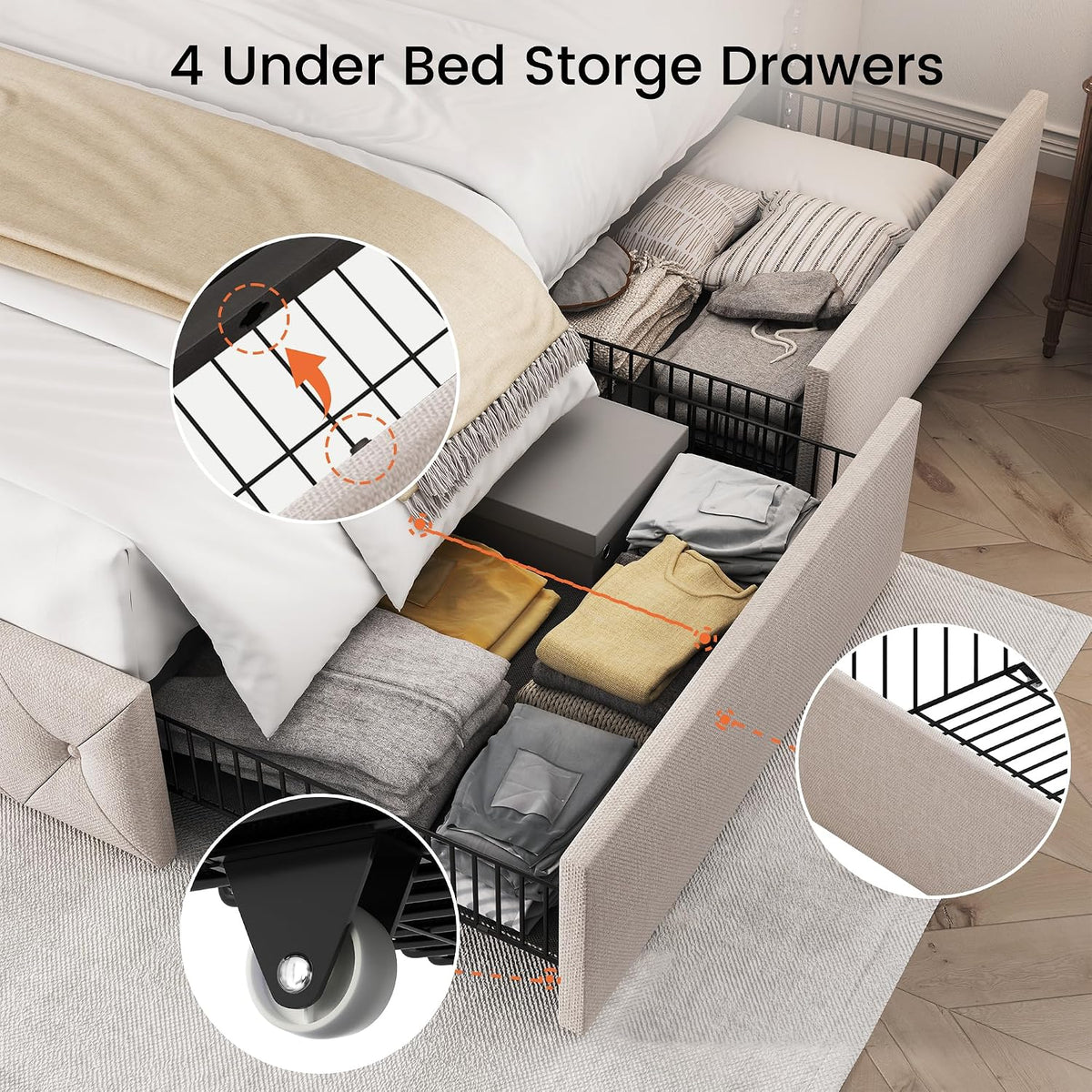 Queen Size Bed Frame with 4 Storage Drawers and 47.2" Tall Tufted Headboard Linen Upholstered Platform Bed Frame Wingback Beds with Wooden Slats Support, Easy Assembly, Beige