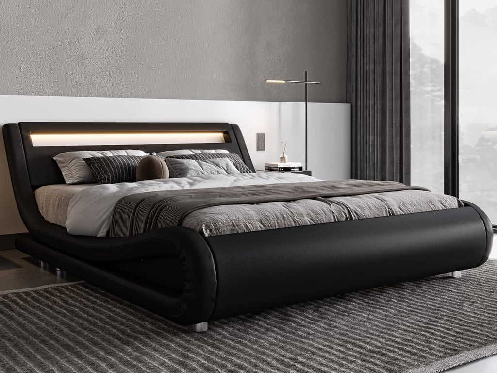 King Size LED Platform Bed Frame with Adjustable Headboard, Black