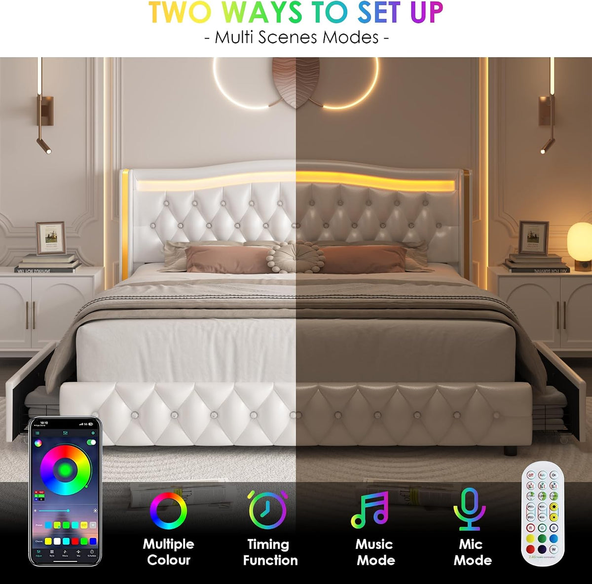 Upholstered Queen Size Bed Frame with LED Light & Storage, White PU Leather