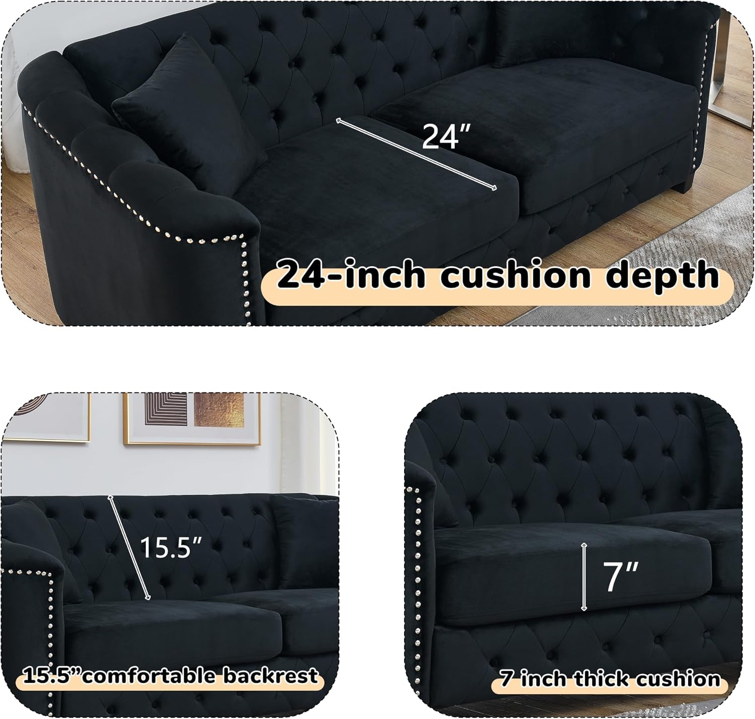 2 Piece Modern Chesterfield Velvet 77" 3-Seater + 59" Loveseat Sofa Set, Upholstered Tufted Backrests with 8" Nailhead Arms and 4 Cushions for Living Room (Black, 77" 3-Seater + 59" Loveseat Sofa Set)