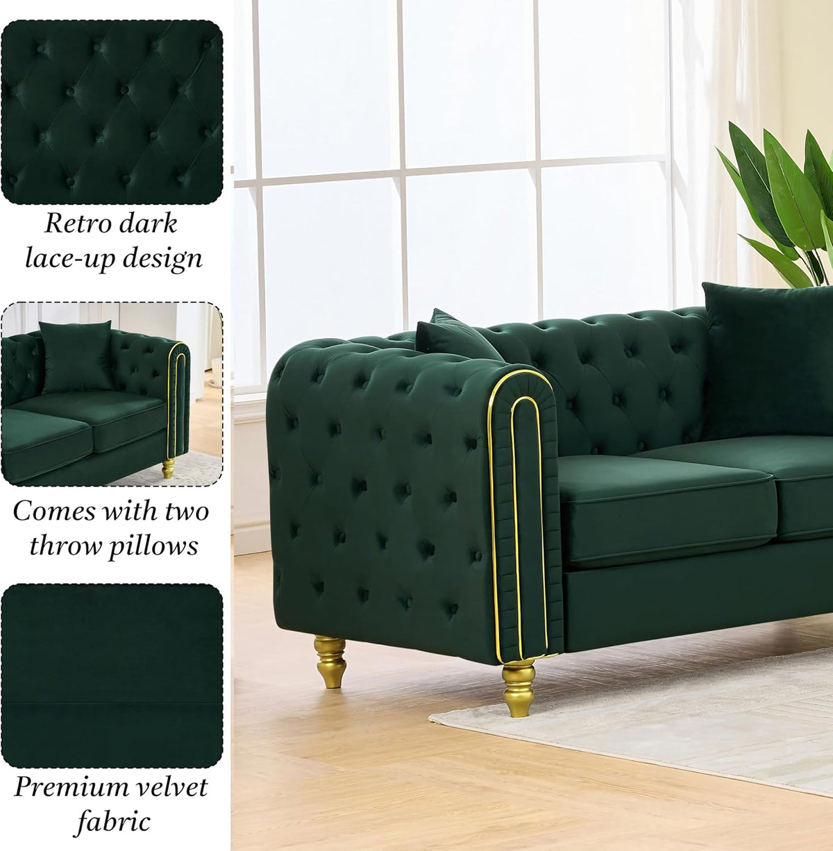 Chesterfield 86" 3-Seater + 63" Loveseat Green Velvet Sofa Sets, 3+2-Seater Couch Comfy Sofa, Button Tufted Rolled Arms and Gold Legs (Green, 2 Piece 86" 3-Seater + 63" Loveseat Sofa, Velvet)