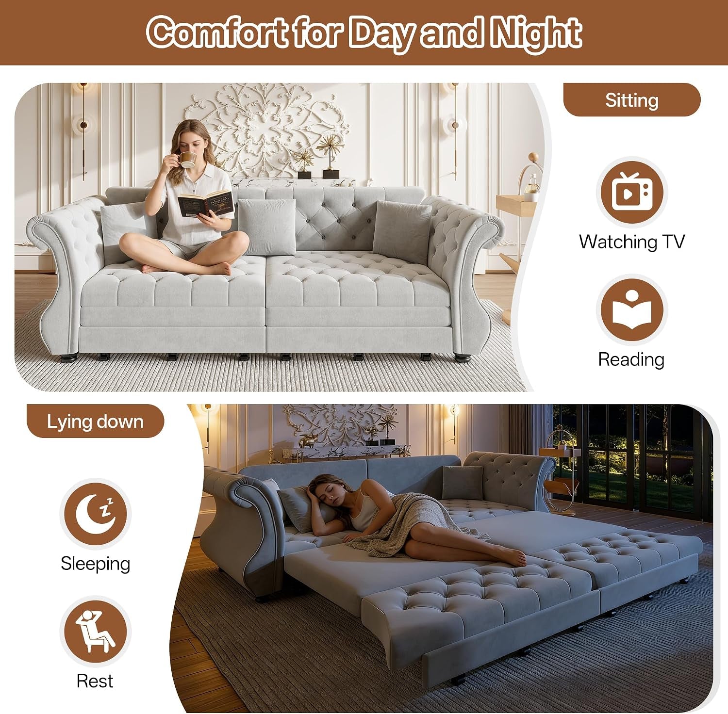 Sleeper Sofa Bed 97.6", Velvet Pull Out Couch, Chesterfield Sofa, Gray