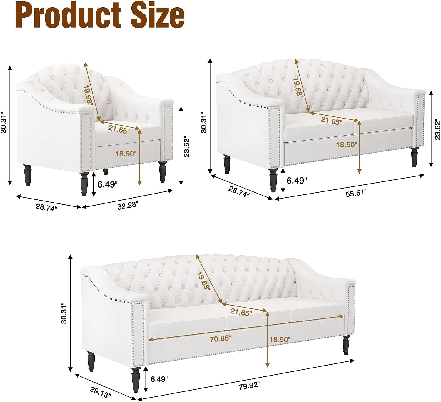 3-Piece Living Room Sofa Set, Chesterfield Sofa Mid-Century Modern Velvet Sofa, Upholstered Couch with Nailhead Trim and Button Tufted for Living Room, Office, Bedroom (1+2+3 Seat White)