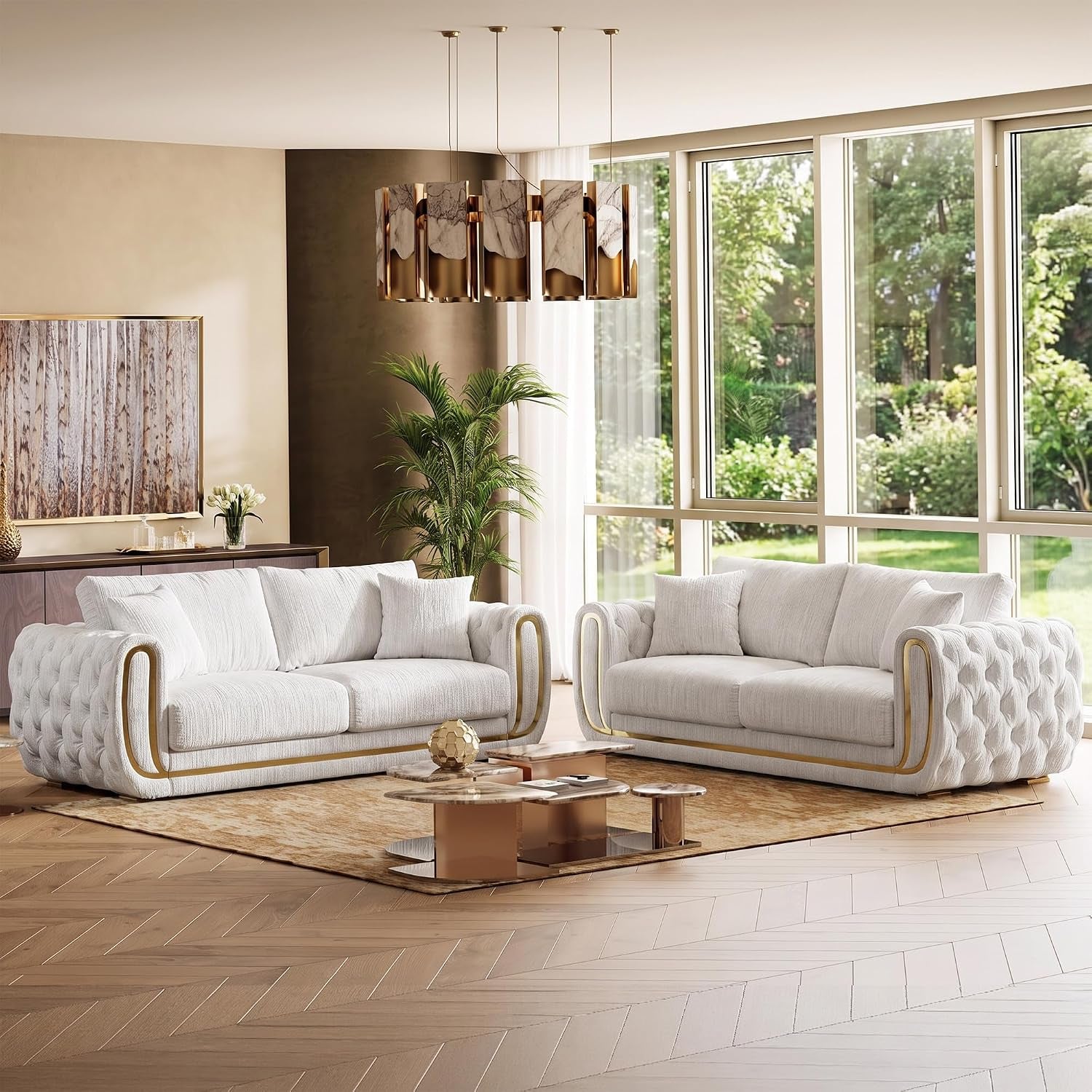 86"&86" Luxury Oversized Velvet Chesterfield Sofa Set,Beige and Gold Couch