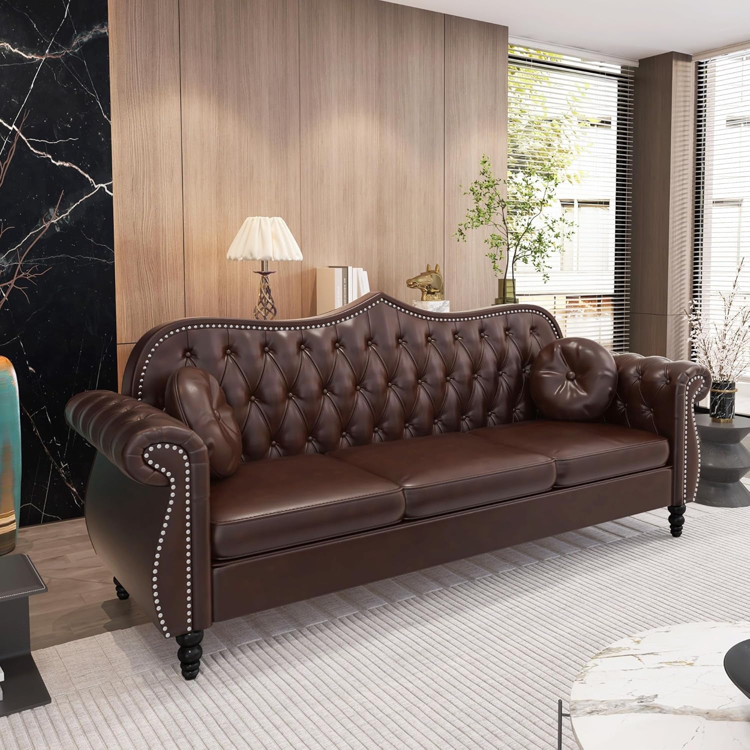 Chesterfield 2-Piece Living Room Sectional Sofa Set, Mid-Century Modern Upholstered PU Sofa Couch, Classic Tufted Button Sofa with Nailhead Trim for Living Room, Office (1+3 Seat Brown)