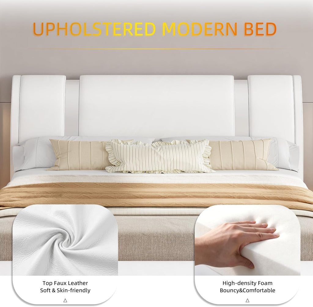 Modern Queen Size Bed Frame with Mirror Metal Decoration, Faux Leather Upholstered Platform Bed with Curved Headboard, Wooden Slats Support, No Box Spring Needed, White