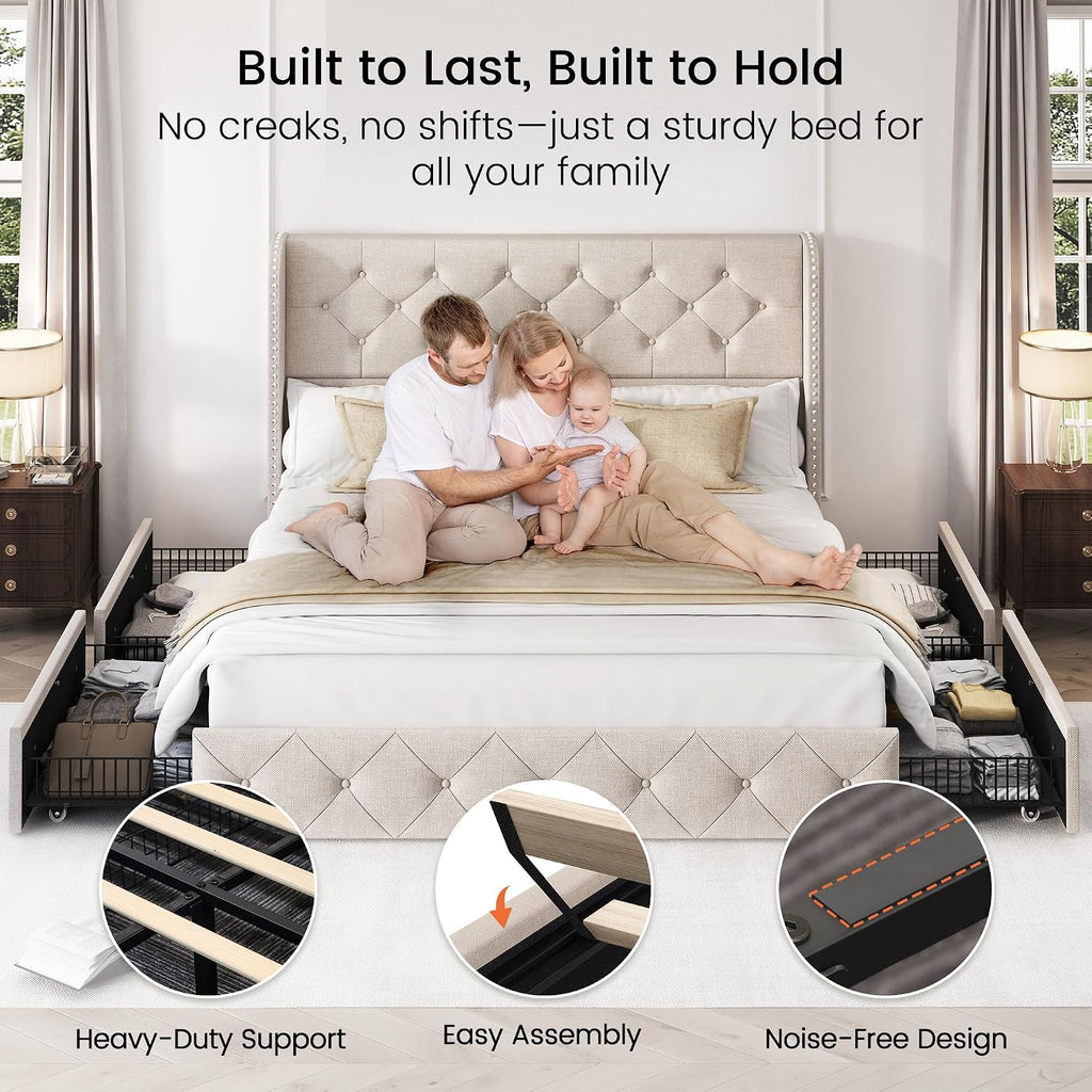 Queen Size Bed Frame with 4 Storage Drawers and 47.2" Tall Tufted Headboard Linen Upholstered Platform Bed Frame Wingback Beds with Wooden Slats Support, Easy Assembly, Beige