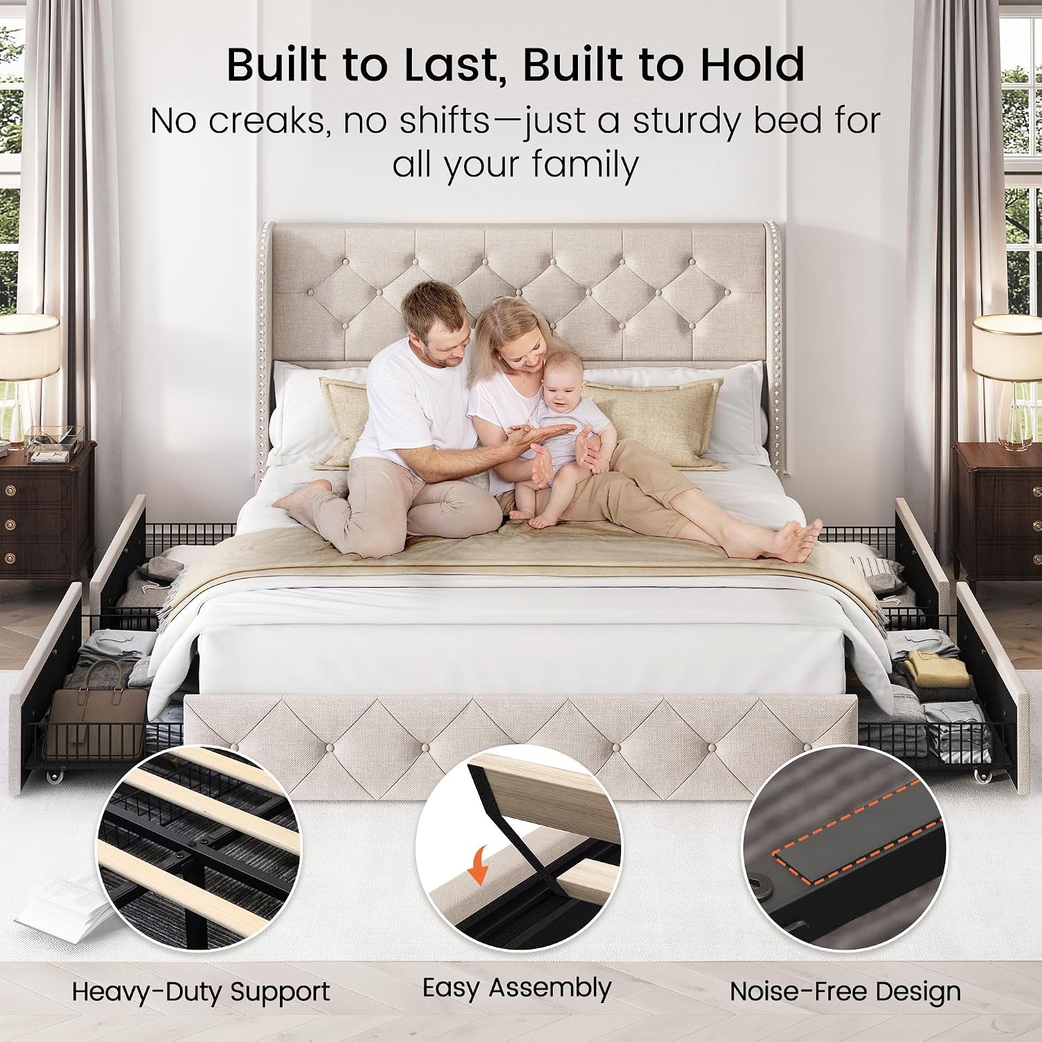 Queen Size Bed Frame with 4 Storage Drawers and 47.2" Tall Tufted Headboard Linen Upholstered Platform Bed Frame Wingback Beds with Wooden Slats Support, Easy Assembly, Beige