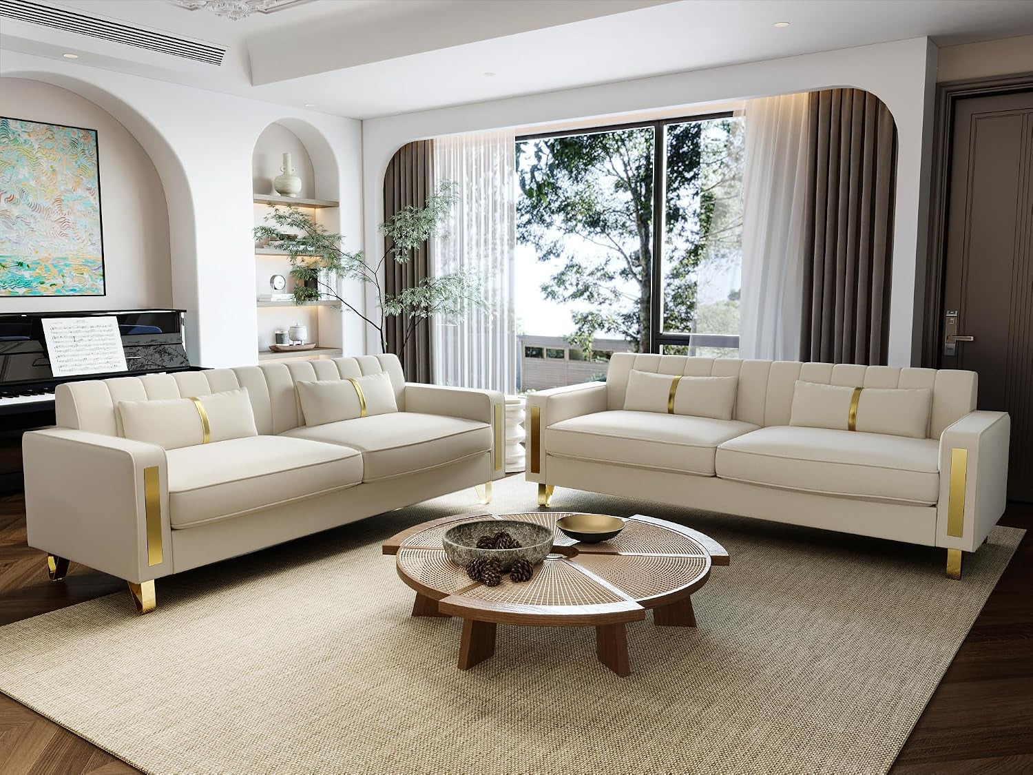 2-Piece Loveseat Couch Set for Living Room, 86" Beige 3-Seater Velvet Sofa Couch with 4 Pillows & Gold Metal Legs, Modern Upholstered Sofa Set Love Seat Sectional Couches for Apartment Home Office