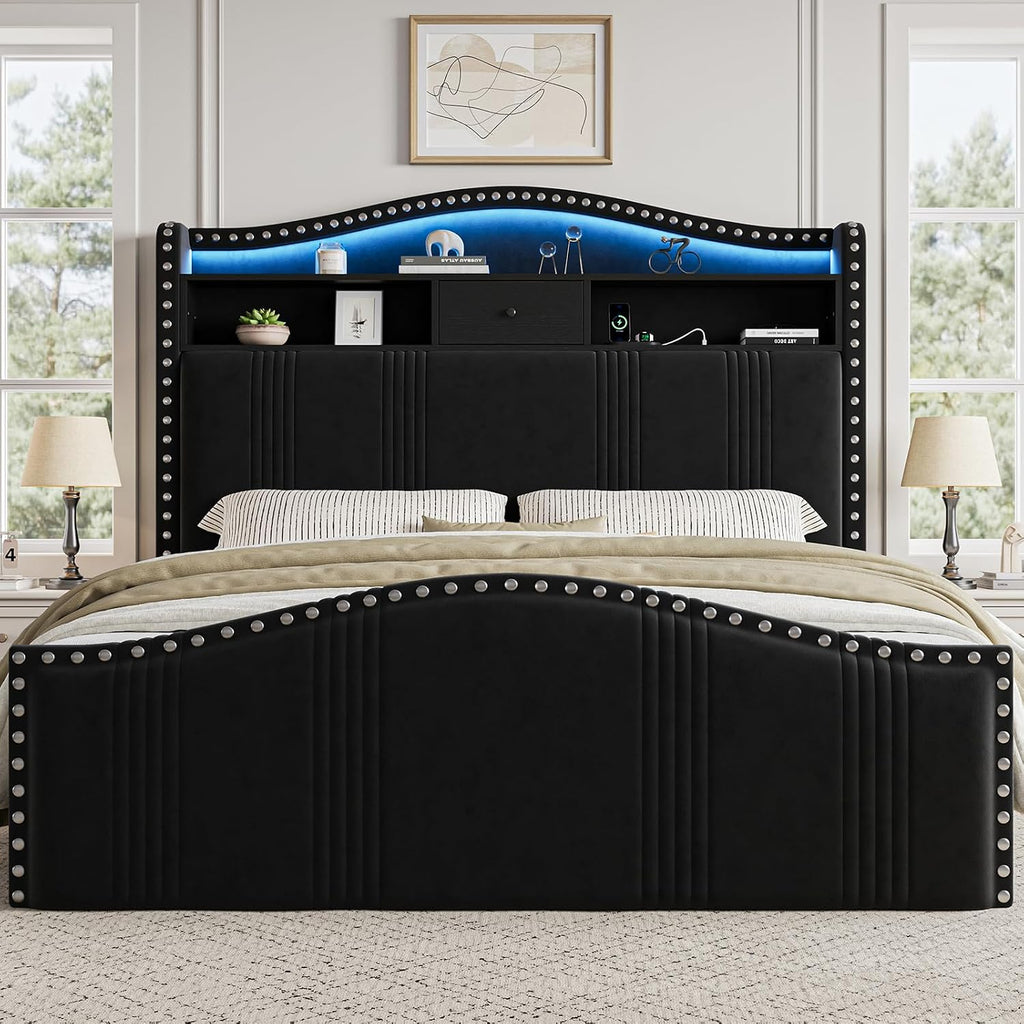 51.5" Queen Size Bed Frame with Headboard and Storage | Velvet Upholstered Bed Frame with LED Lights & Charging Station | No Box Spring Needed Tall Footboard Black