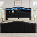 51.5" Queen Size Bed Frame with Headboard and Storage | Velvet Upholstered Bed Frame with LED Lights & Charging Station | No Box Spring Needed Tall Footboard Black