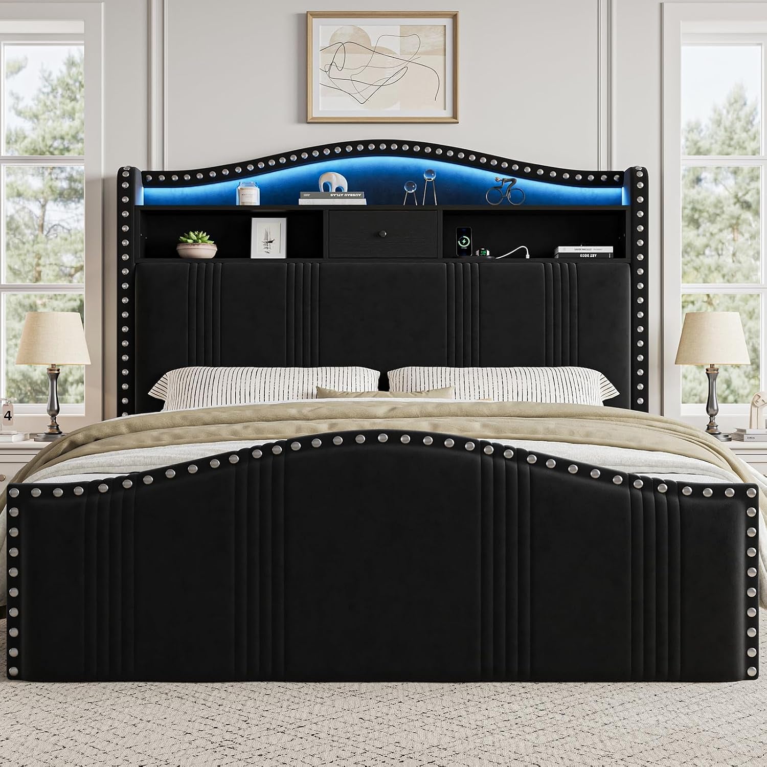 51.5" Queen Size Bed Frame with Headboard and Storage | Velvet Upholstered Bed Frame with LED Lights & Charging Station | No Box Spring Needed Tall Footboard Black