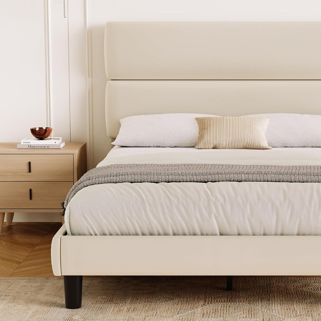 Queen Size Platform Bed Frame with Velvet Headboard, Adjustable Height Wooden Slats Support, Upholstered Mattress Foundation, Fits Mattress or Mattress with Box Spring, Easy Assembly, Beige