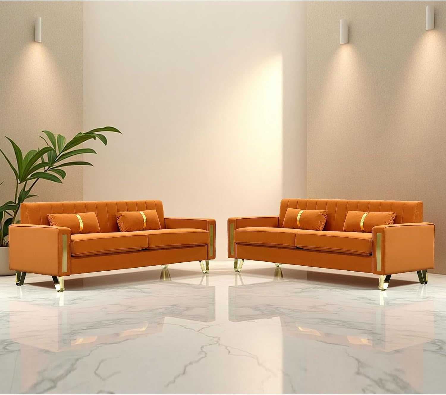 Loveseat Sofa for Living Room Set of 2, 2 Pcs 86" 3-Seater Velvet Sofa Couch with 2 Pillows & Gold Metal Legs, Modern Upholstered Sectional Love Seat Couch Set for Bedroom Apartment Home Office Orange