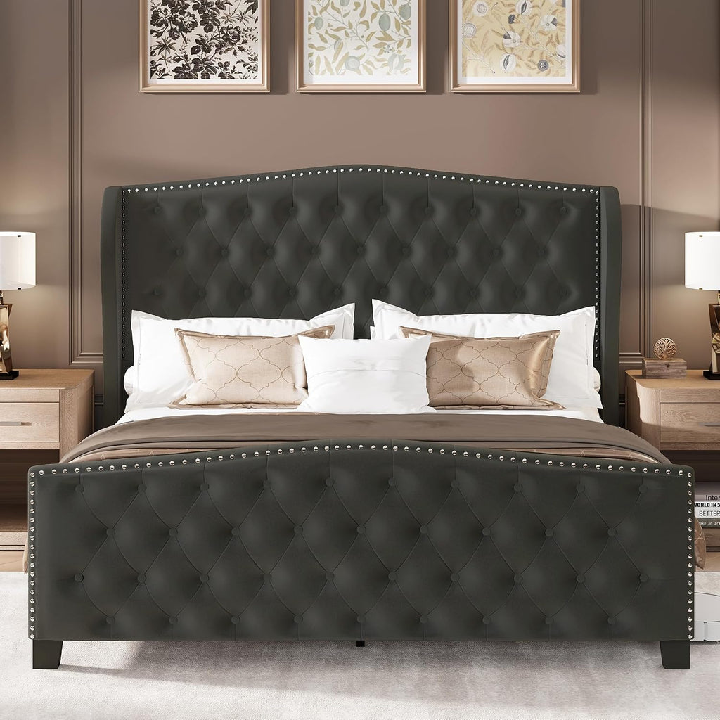 Queen Size Bed Frame Velvet Upholstered Platform Bed with Wingback Headboard & Footbaord, Deep Button Tufted Bed Frame with Wood Slats Support, No Box Spring Needed, Grey