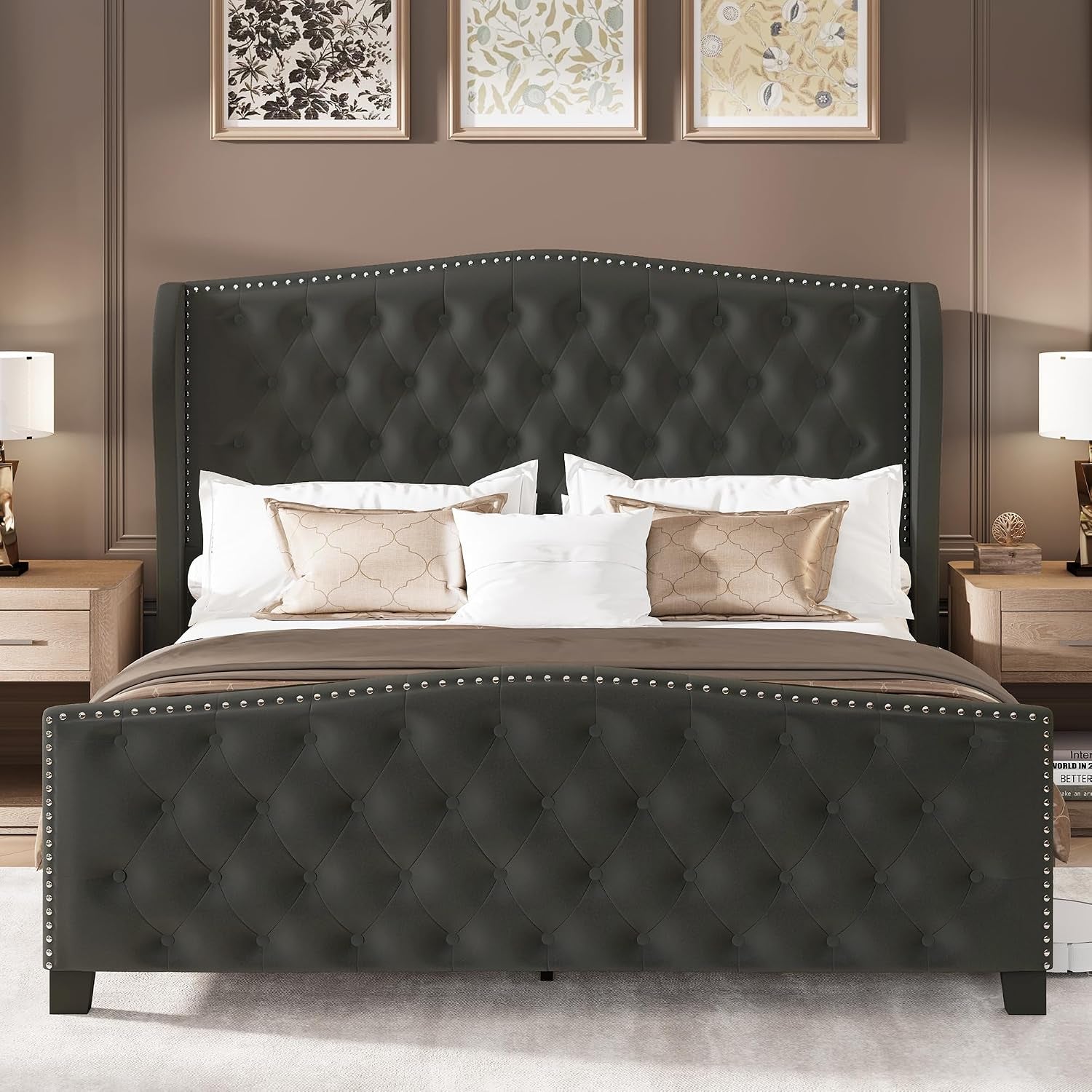 Queen Size Bed Frame Velvet Upholstered Platform Bed with Wingback Headboard & Footbaord, Deep Button Tufted Bed Frame with Wood Slats Support, No Box Spring Needed, Grey