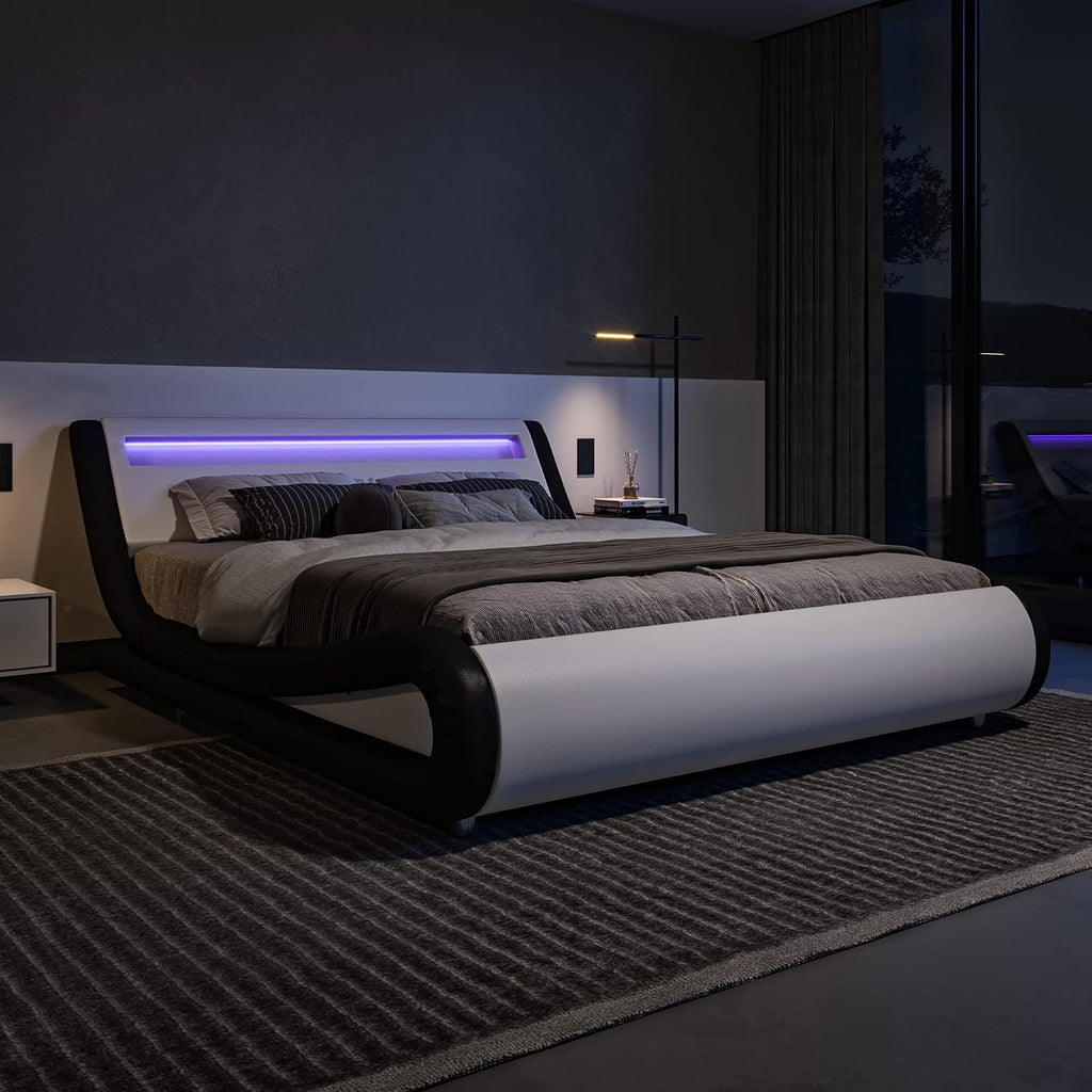 King Size LED Bed Frame with Adjustable Headboard, Black and White