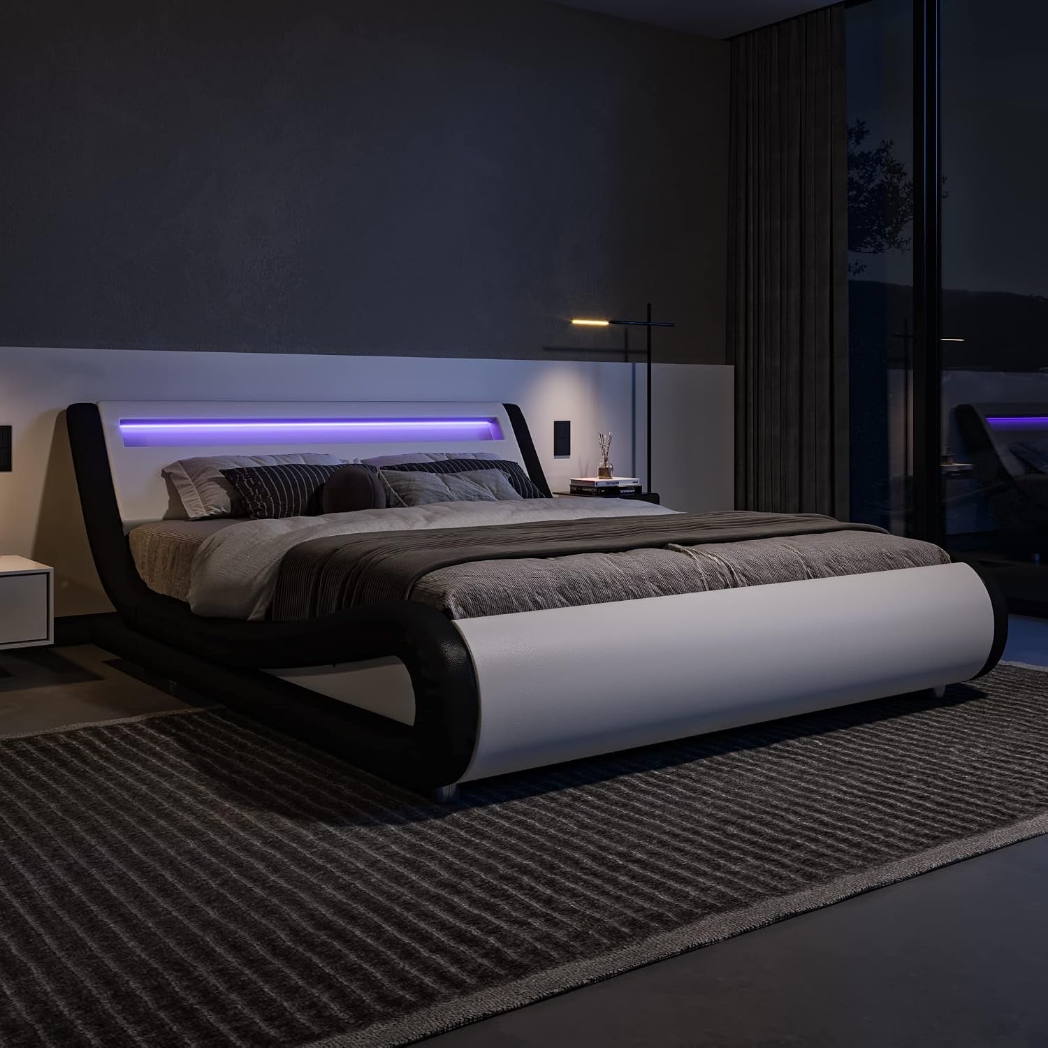 King Size LED Bed Frame with Adjustable Headboard, Black and White