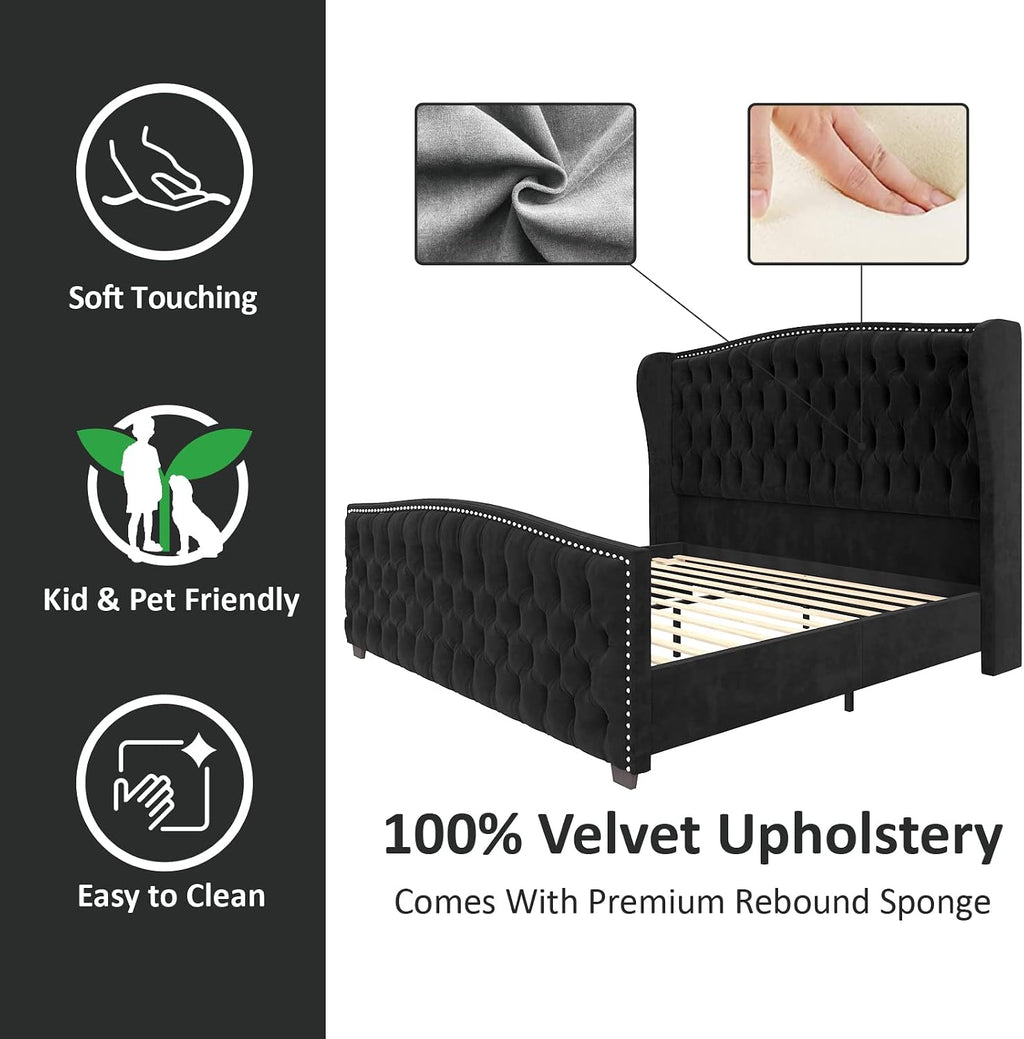 Queen Size Bed Frame with Velvet Upholstered Wingback Headboard