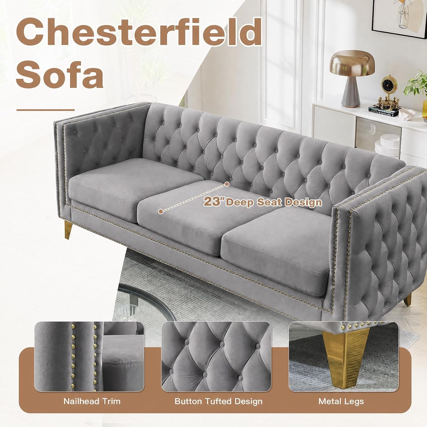 2 Piece Chesterfield Sofa, Velvet Couch and Loveseat Sets with Buttons Tufted, Mid Century Modern Couch with Nailhead Trim & Armrest, Couches for Living Room, Bedroom, Apartment(Grey,58''W+80.5''W)