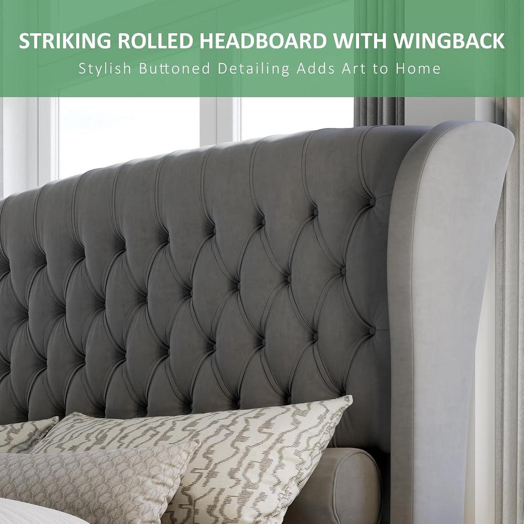 Queen Size Upholstered Sleigh Bed Frame with Wingback Headboard