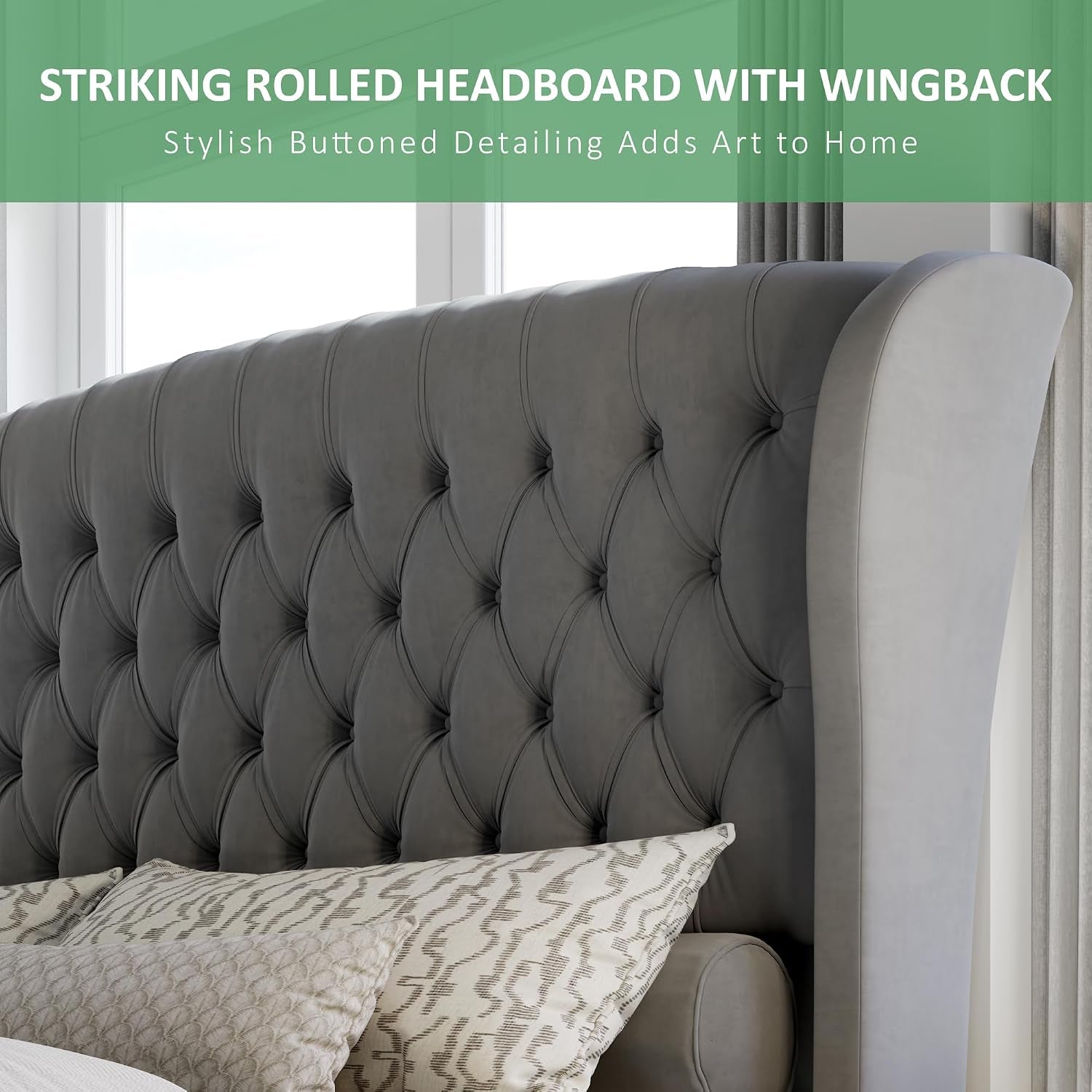 Queen Size Upholstered Sleigh Bed Frame with Wingback Headboard