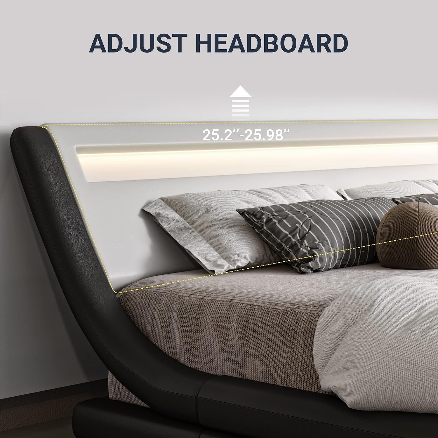 King Size LED Bed Frame with Adjustable Headboard, Black and White