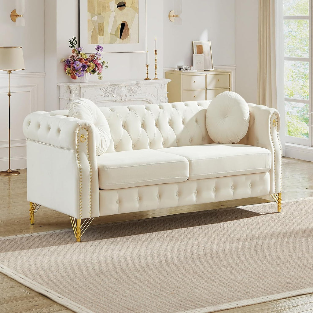 2 Pieces Chesterfield Sofa Set, Velvet Mid Century Modern Couch with Button Tufted & Rivet, Comfy Loveseat Sofa with Armrest Ring & Gold Leg, Cloud 3-Seater Couch for Living Room(60.5"W + 82"W, Beige)