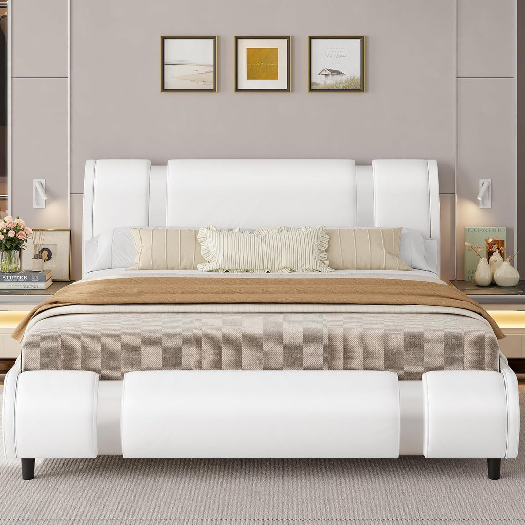 Modern Queen Size Bed Frame with Mirror Metal Decoration, Faux Leather Upholstered Platform Bed with Curved Headboard, Wooden Slats Support, No Box Spring Needed, White
