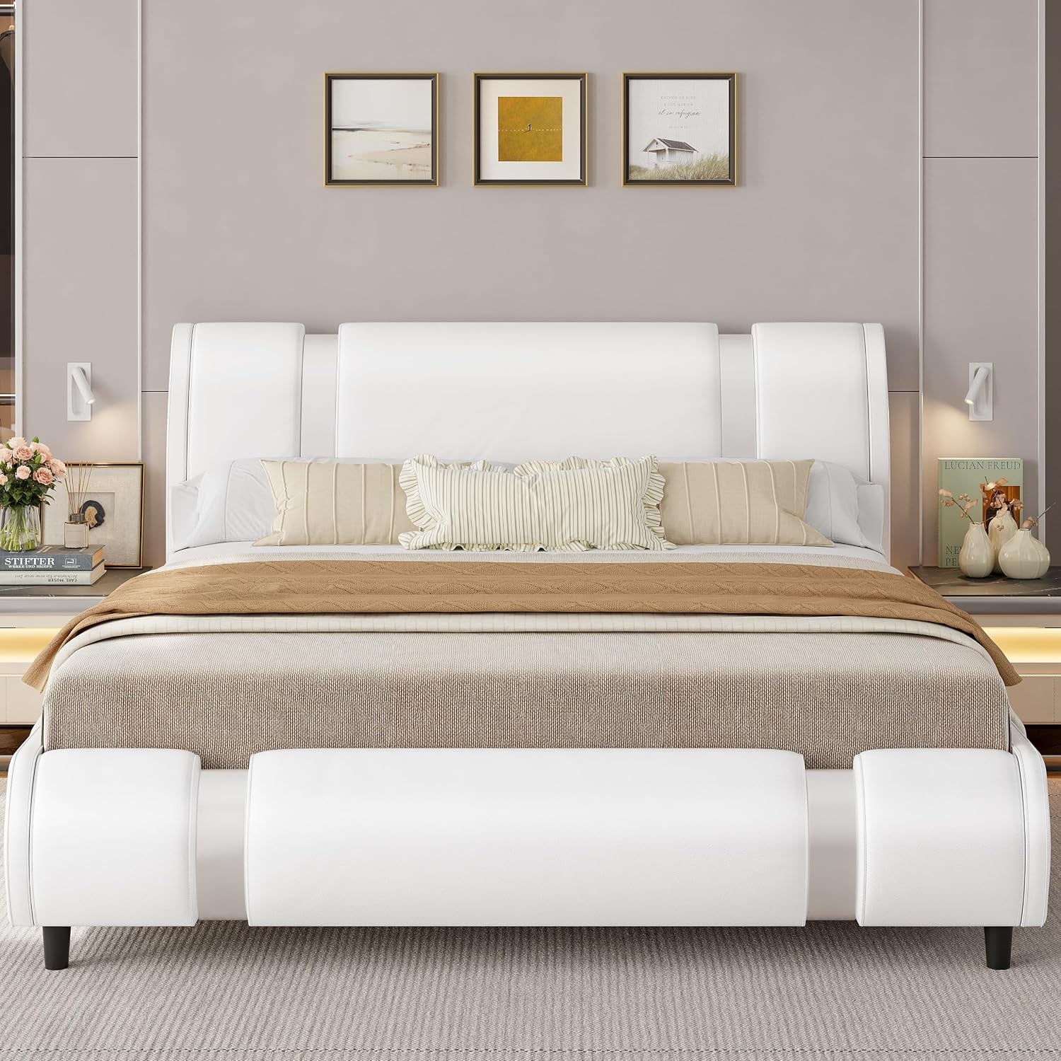 Modern Queen Size Bed Frame with Mirror Metal Decoration, Faux Leather Upholstered Platform Bed with Curved Headboard, Wooden Slats Support, No Box Spring Needed, White