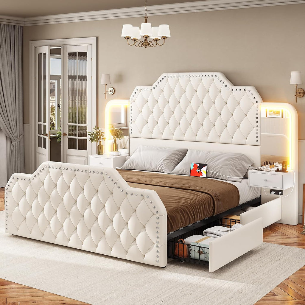 Queen Bed Frame with 53" Tall Headboard and 4 Storage Drawers, PU Leather Upholstered Platform Bed Frame, Built in Charging Station & Led, 2 Nightstands with Mirror, White