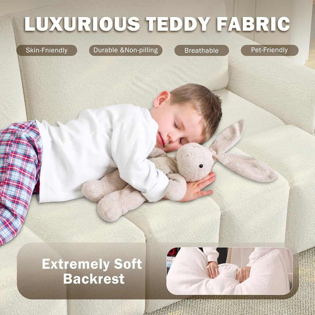 90.2" 4-Seater Modern Convertible Sofa Bed – Teddy Fabric Couch with Storage Seats, King Size 3-In-1 Sleeper Sofa for Living Room, Recliner Couch, Comfortable Sofa Bed for Families & Guests