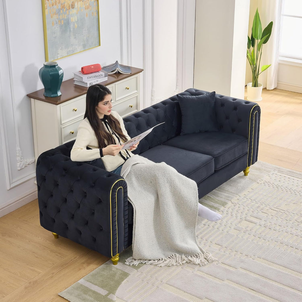 Velvet Chesterfield Button Tufted Sofa Set, 2 Pcs Modern 3 Seater Couch with Golden Legs & High-Density Cushion, Upholstered Comfy Sofa with Pillows for Living Room, Black