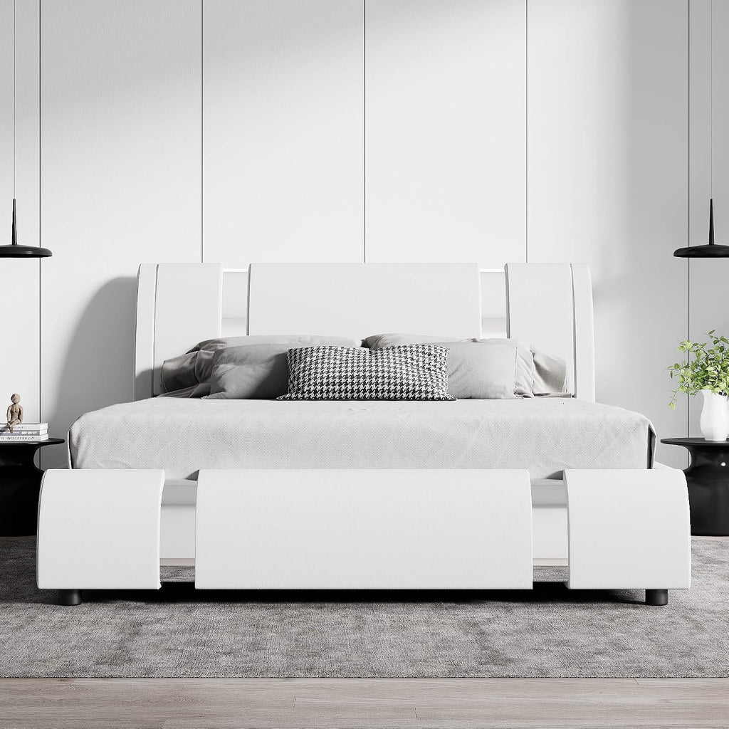 Queen Bed Frame with Iron Pieces Decor, Faux Leather, White