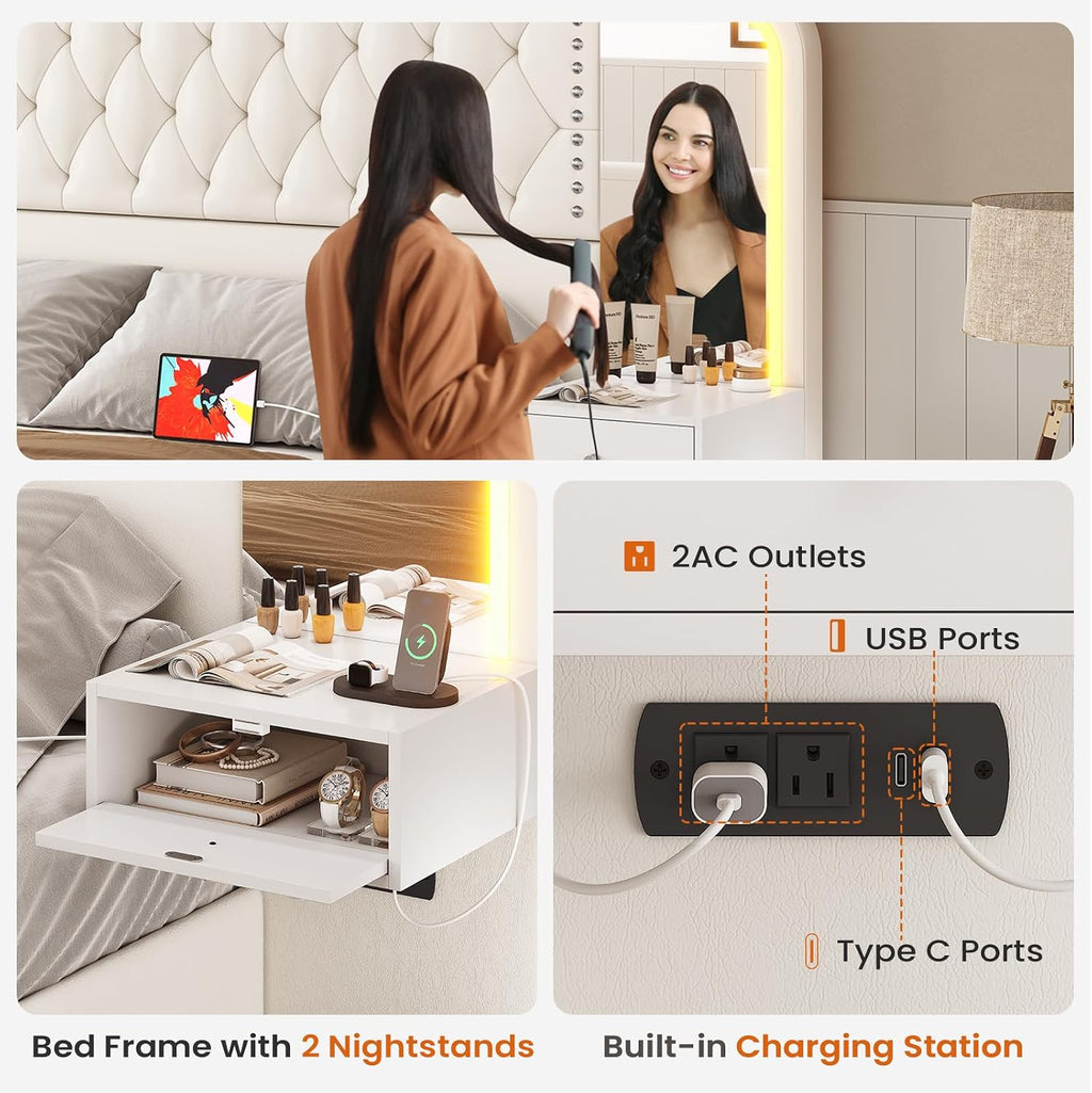 Queen Bed Frame with 53" Tall Headboard and 4 Storage Drawers, PU Leather Upholstered Platform Bed Frame, Built in Charging Station & Led, 2 Nightstands with Mirror, White