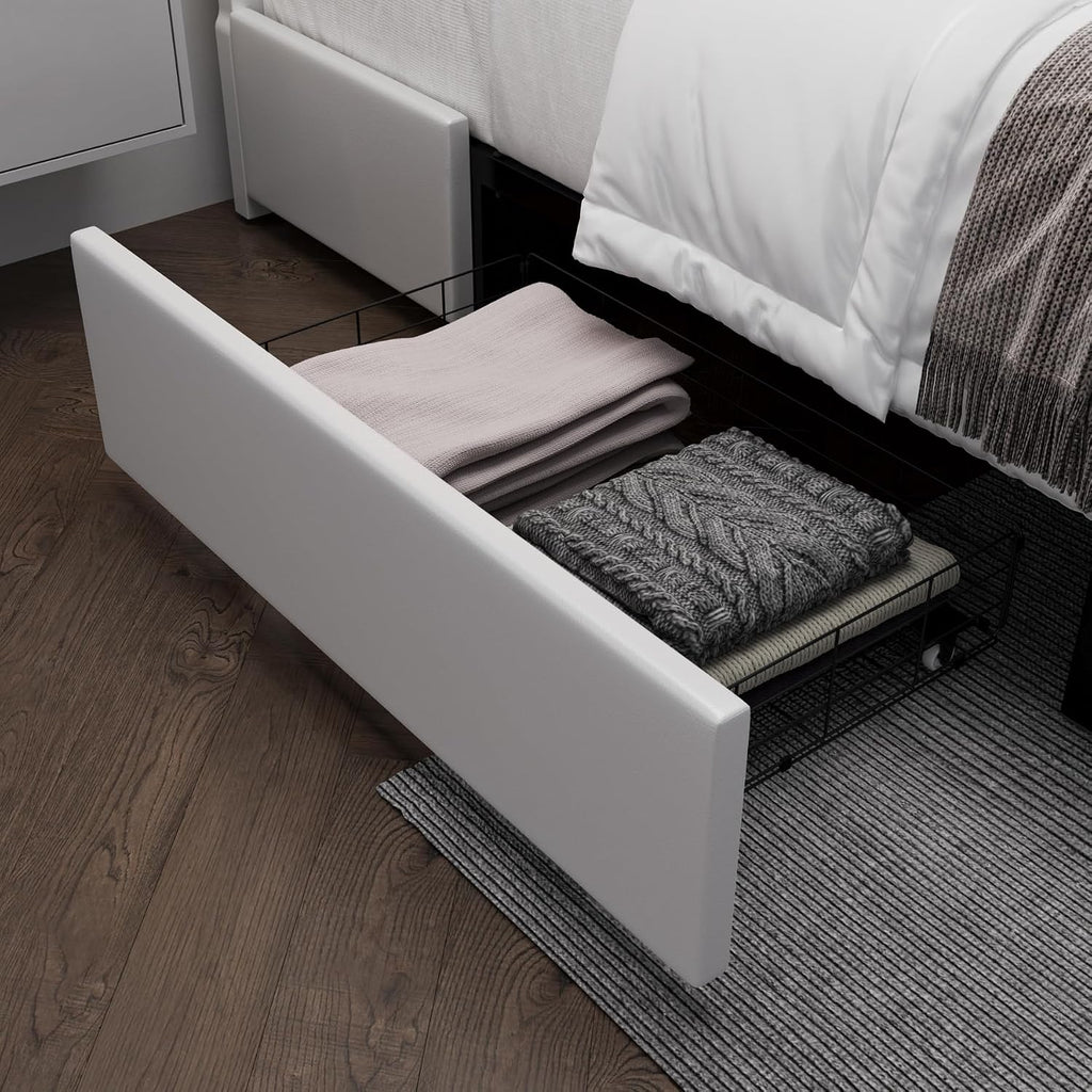 King Size Bed Frame with RGB LED Lights & 2 Storage Drawers, Modern Upholstered Platform Bed with Iron Metal Decor, USB Charging Ports, White