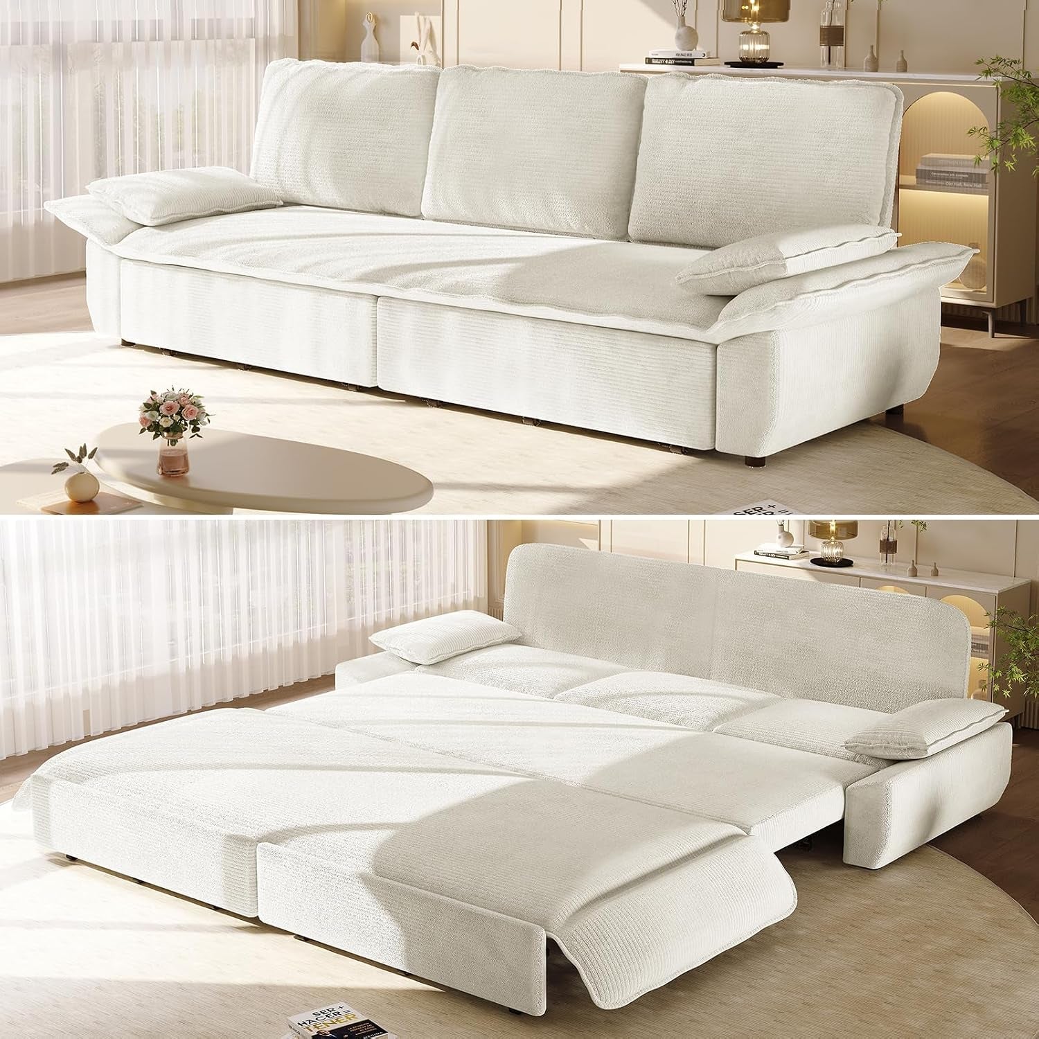 94.5'' King Size Sleeper Sofa Bed, Comfy Corduroy Pull Out Couch, Beige