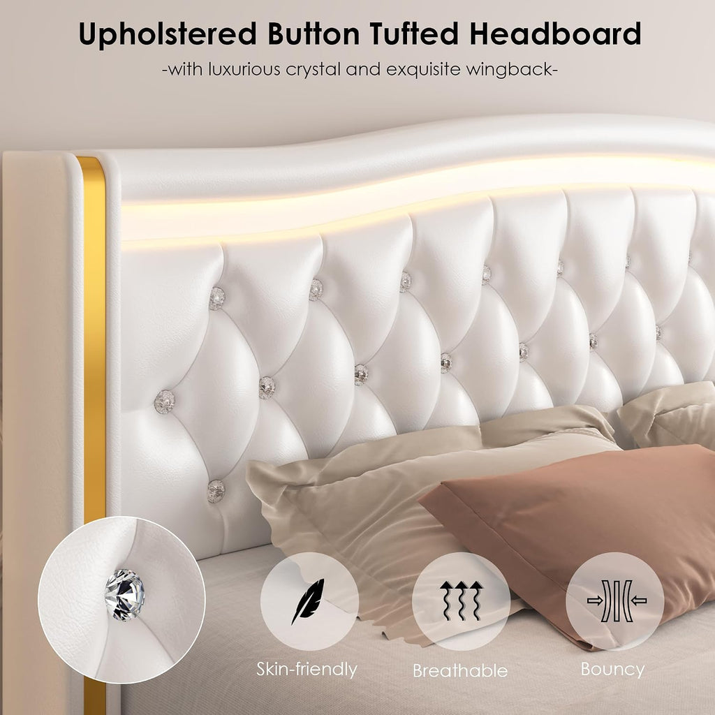 Upholstered Queen Size Bed Frame with LED Light & Storage, White PU Leather
