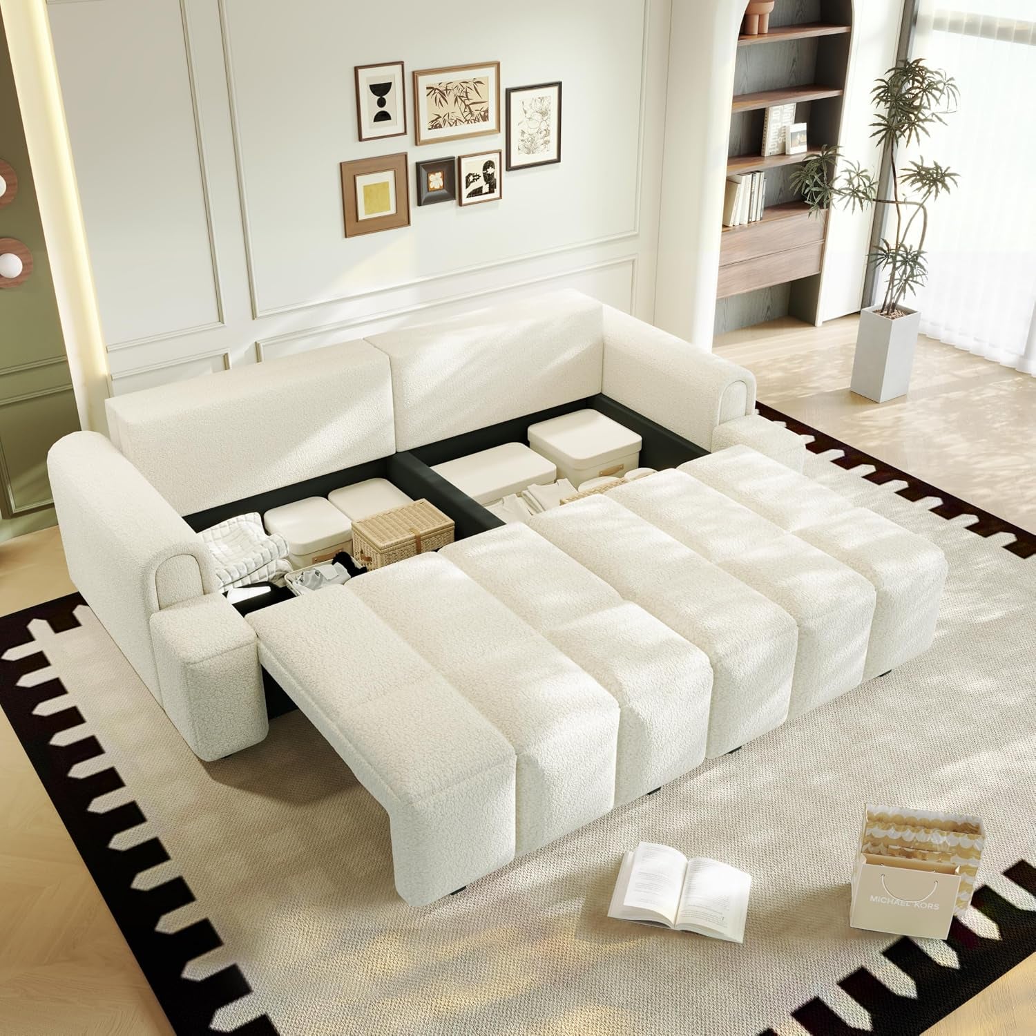 90.2" 4-Seater Modern Convertible Sofa Bed – Teddy Fabric Couch with Storage Seats, King Size 3-In-1 Sleeper Sofa for Living Room, Recliner Couch, Comfortable Sofa Bed for Families & Guests