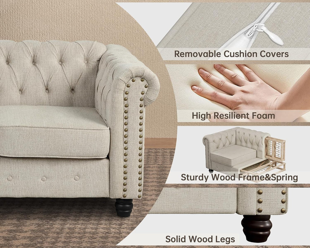 2 Piece Classic Chesterfield 5-Seater Set, Tufted Loveseat & Sofa Furniture Solid Wood Legs Thick Cushion, Pet-Friendly Couch Set for Living Room Bedroom Apartment, Linen Beige