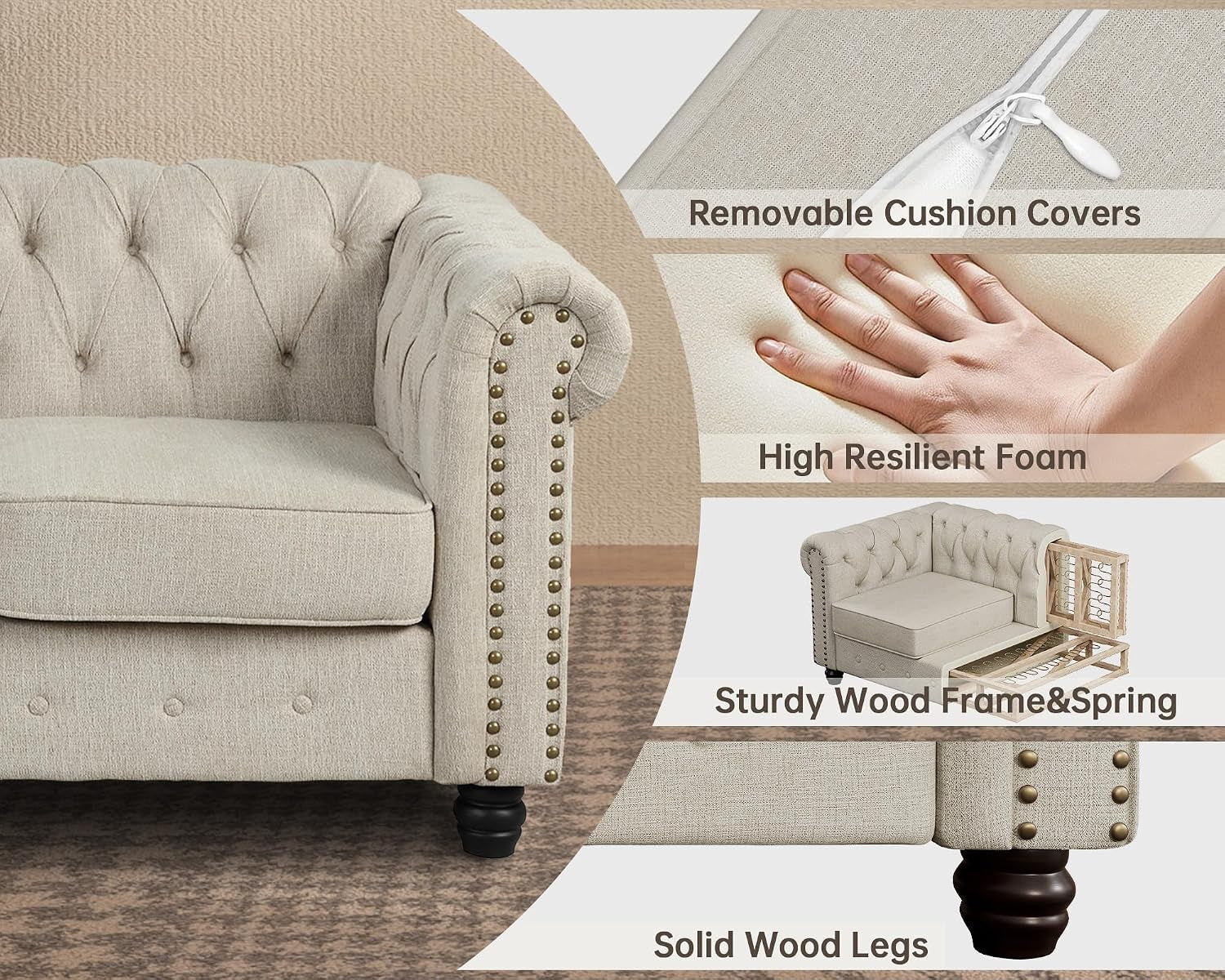 2 Piece Classic Chesterfield 5-Seater Set, Tufted Loveseat & Sofa Furniture Solid Wood Legs Thick Cushion, Pet-Friendly Couch Set for Living Room Bedroom Apartment, Linen Beige