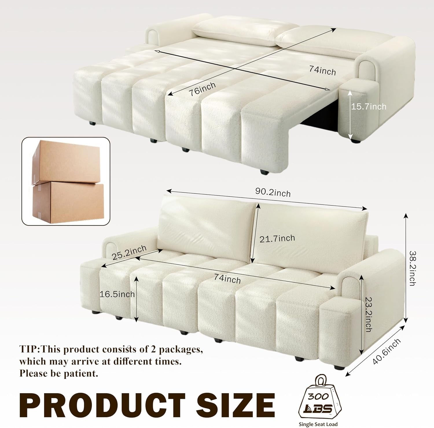 90.2" 4-Seater Modern Convertible Sofa Bed – Teddy Fabric Couch with Storage Seats, King Size 3-In-1 Sleeper Sofa for Living Room, Recliner Couch, Comfortable Sofa Bed for Families & Guests