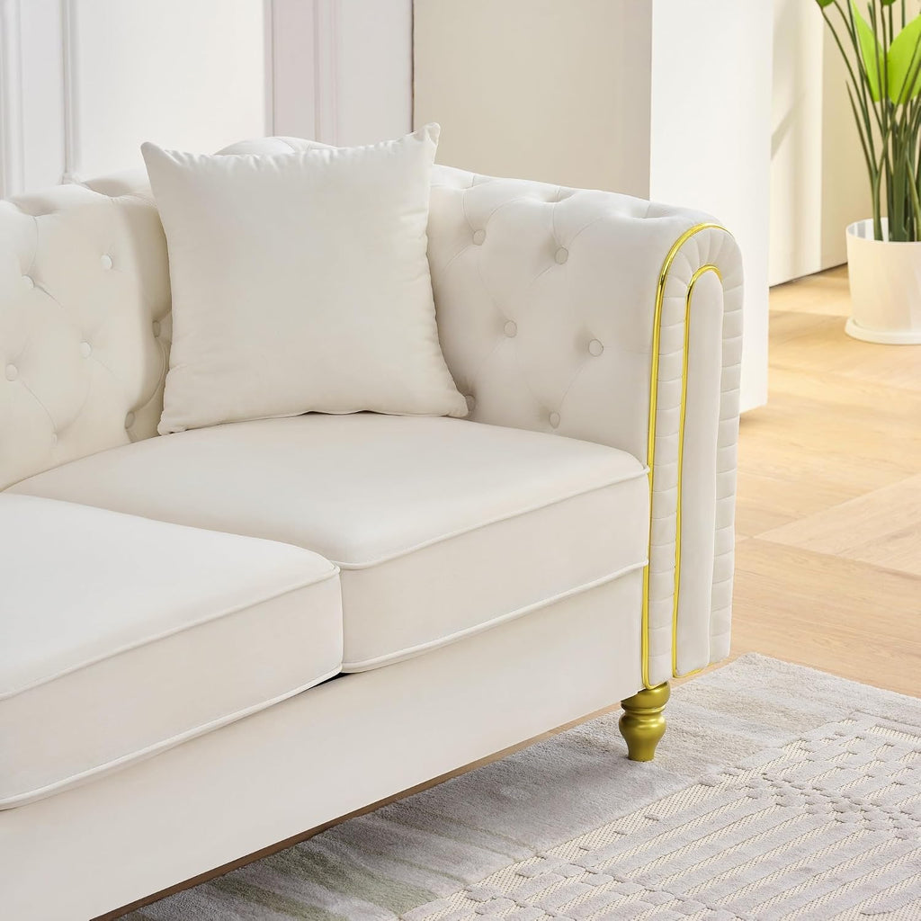 Velvet Chesterfield Button Tufted Sofa Set, 2 Pcs Modern 3 Seater Couch with Golden Legs & High-Density Cushion, Upholstered Comfy Sofa with Pillows for Living Room, Beige