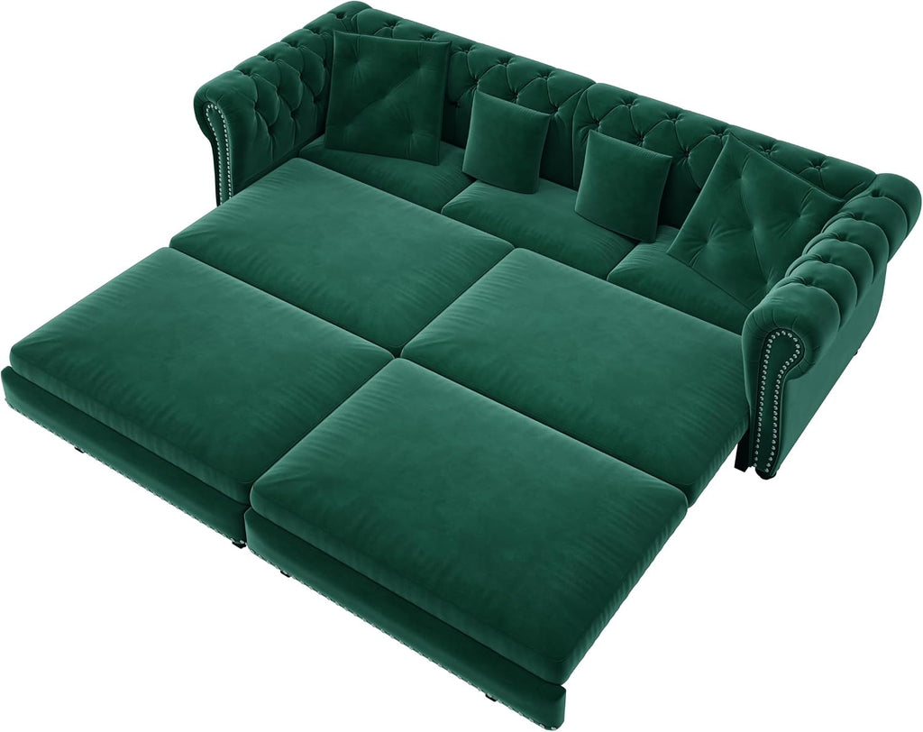 89" King Size Sleeper Sofa Bed, 3-In-1 Convertible Pull Out Chesterfield Sleeper Couch with Ottoman, Oversized Velvet Button Tufted L Shaped Sofa for Living Room Small Spaces (Green)