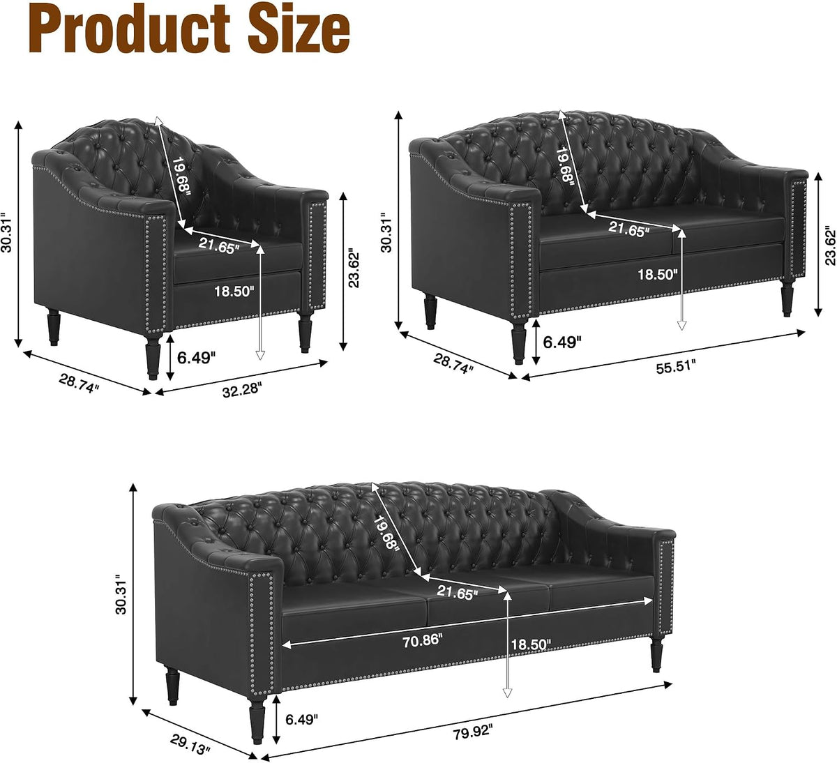 3-Piece Living Room Sofa Set, Chesterfield Sofa Mid-Century Modern PU Sofa, Upholstered Couch with Nailhead Trim and Button Tufted for Living Room, Office, Bedroom (1+2+3 Seat Black)